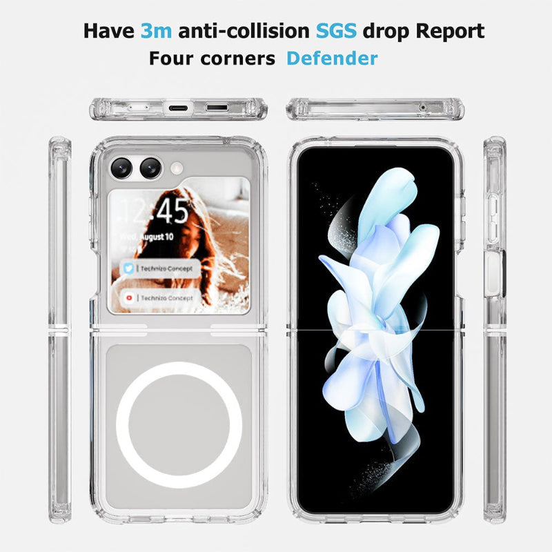 Samsung Galaxy Z Flip 7 phone with a magsafe ring on clear case