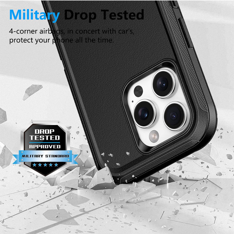 iPhone 16 pro drop proof case in black color with belt clip
