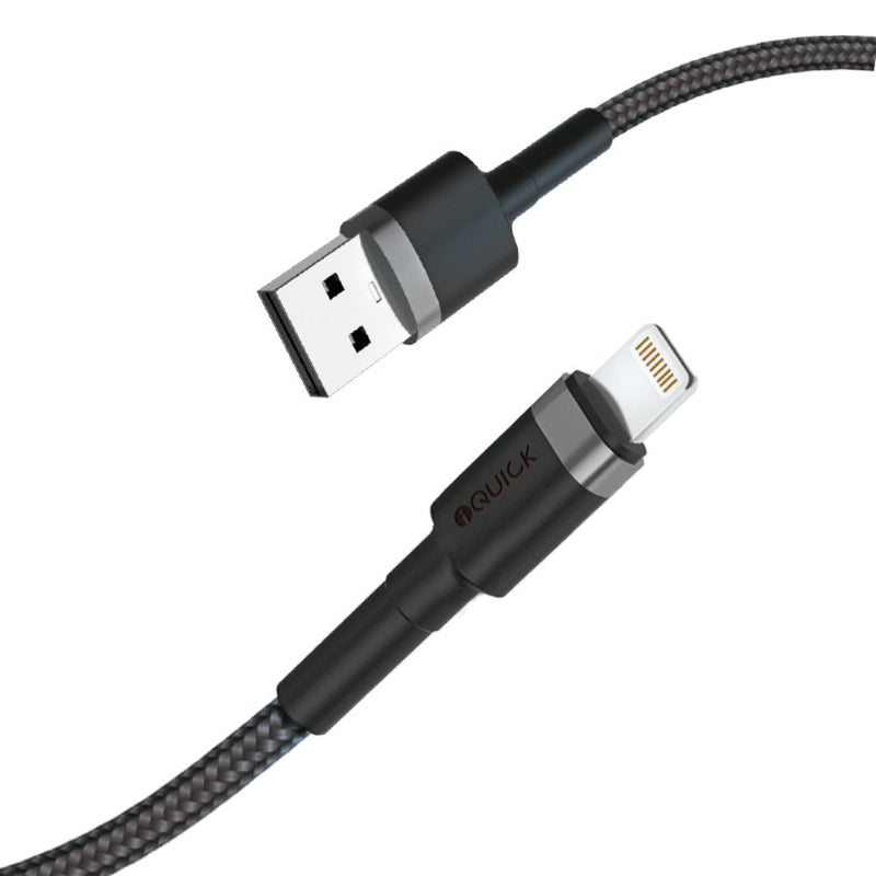 two ends of iQuick USB A to Lightning 3m braided Fast charging cable