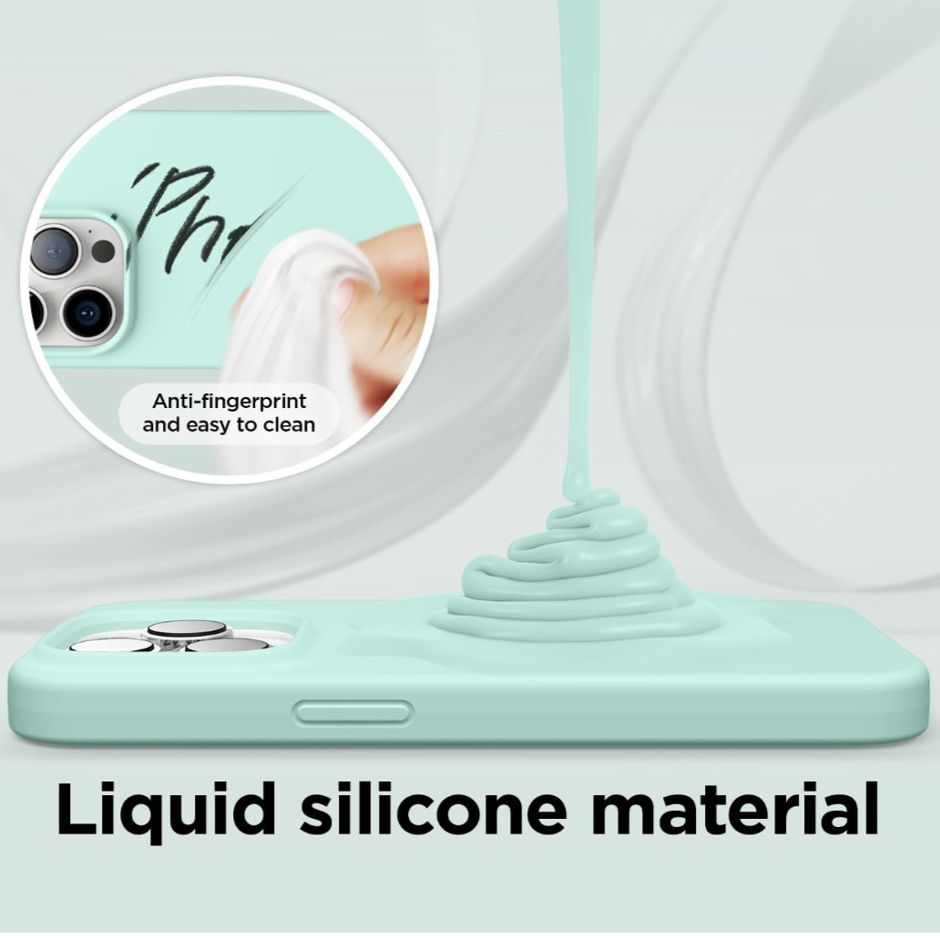 Mint green phone case for iphone 14 pro max with liquid silicone material feature, showing anti-fingerprint and easy cleaning properties.