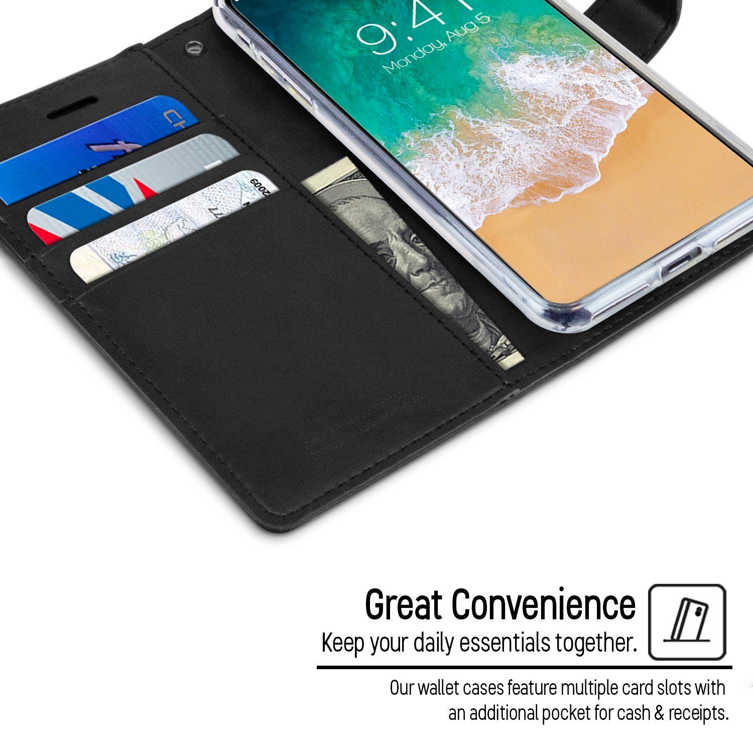 Black wallet case with card slots and cash pocket for iphone 13 pro
