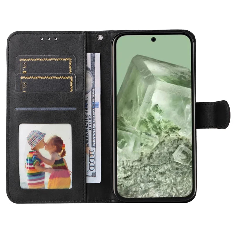 Black wallet case with card slots and photo frame for pixel 6a